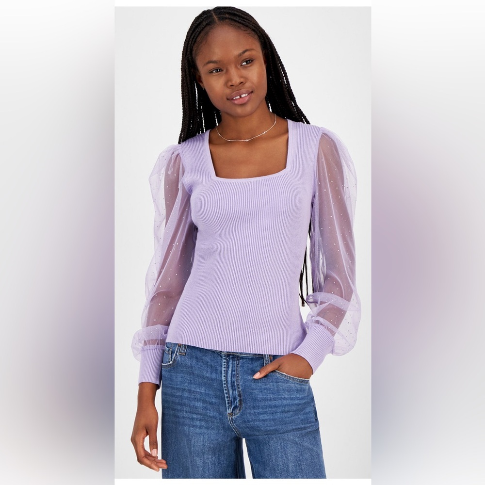 Madden Girl Juniors' Square-Neck Rhinestone-Sleeve Sweater